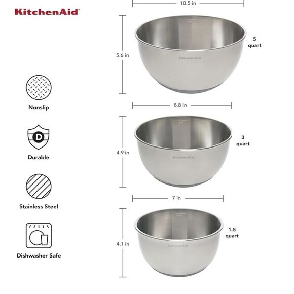 KitchenAid Stainless Steel Mixing Bowl Set - Picture 5 of 8